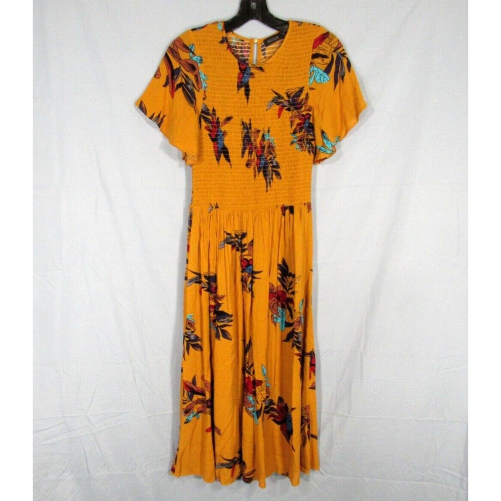 ROOLEE Mustard FLORAL Challis SMOCKED BODICE Flutter Sleeve MIDI A-Line Dress XS